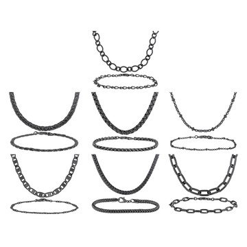 Hematine Tone Necklace and Bracelet Jewelry Roll Chain Set of 14