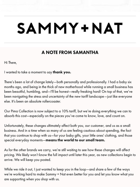 Tariff Update from Samantha, Founder of Sammy + Nat 🫶