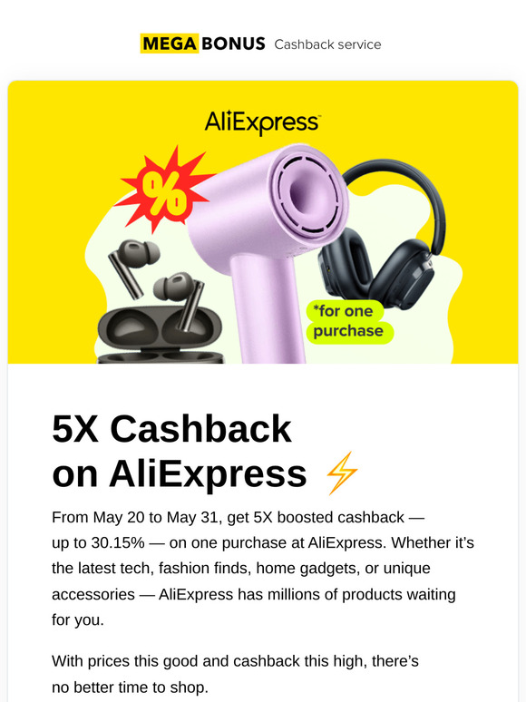 AliExpress x5 Cashback up to 30.15% 🚀