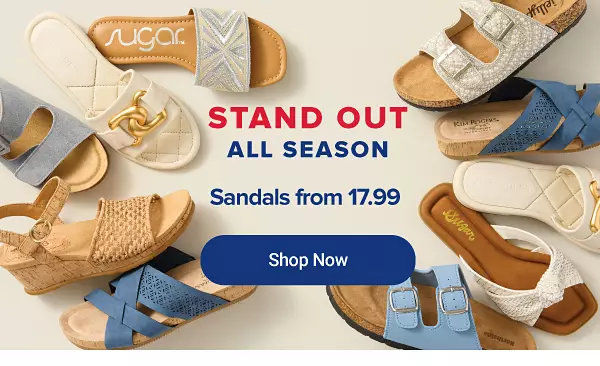 An image featuring a variety of sandals. Stand out all season. Sandals from 17.99. Shop now.