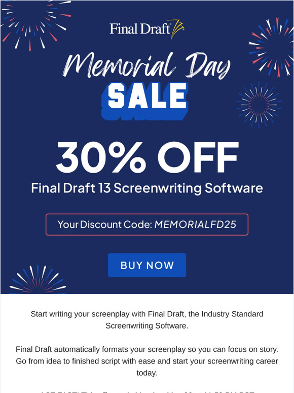 Memorial Day Sale: 30% Off Final Draft 13