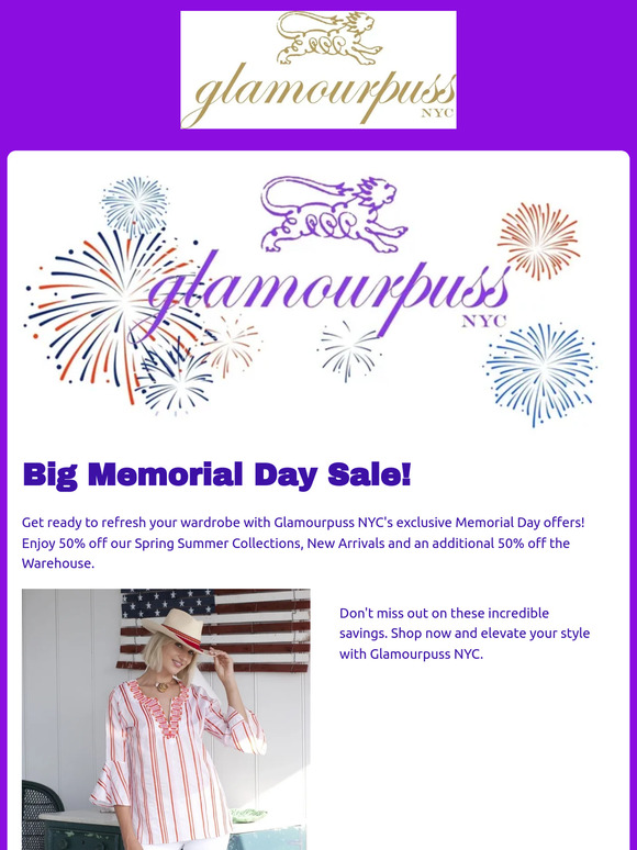 "🎉👗Big Memorial Day Sale at Glamourpuss NYC! 💖💸 Enjoy 50% OFF Spring Summer & Warehouse!!"