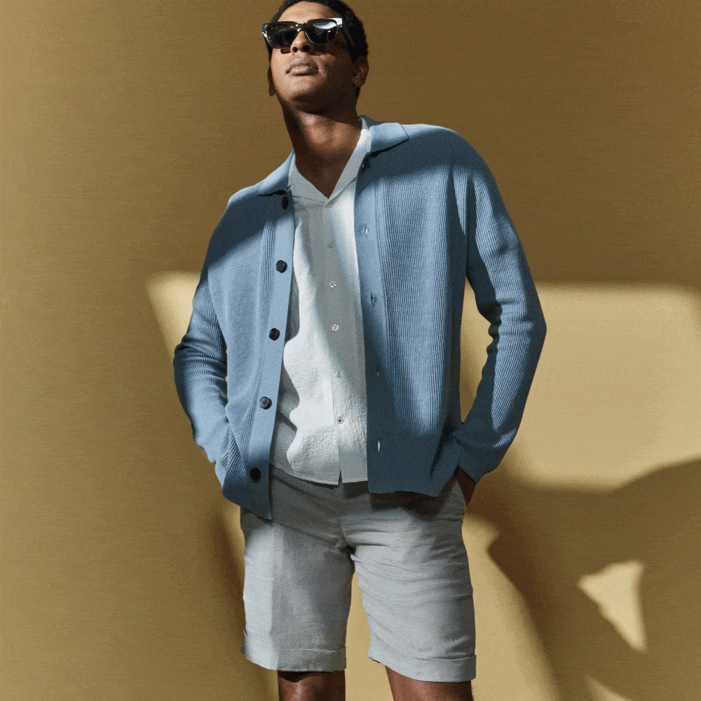 model wearing Blyford in Mid Blue