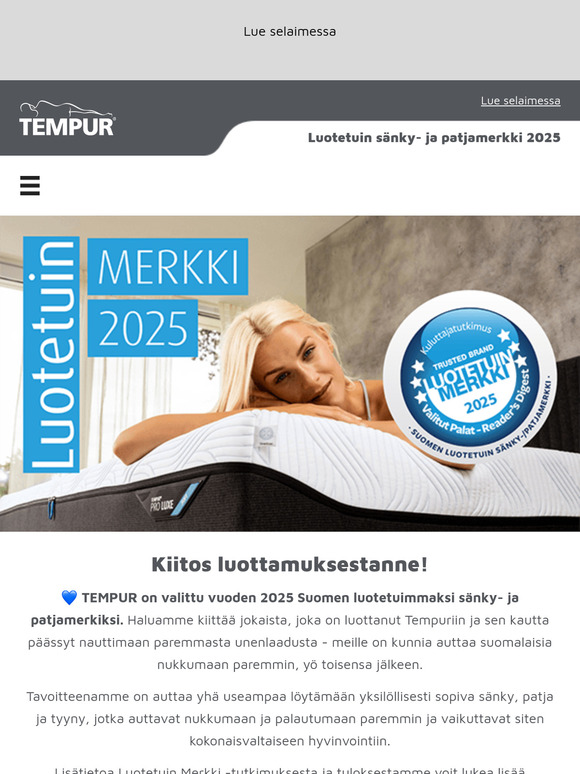 TEMPUR on valittu Suomen luotetuimmaksi patjamerkiksi 2025 💙 Lue, mikä tekee meistä erityisen!