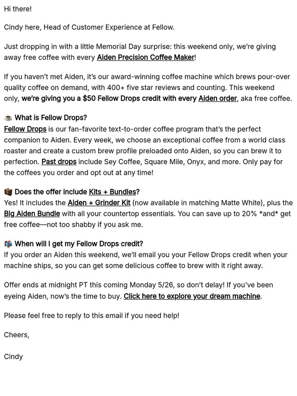 A Memorial Day surprise from Team Fellow: $50 of free coffee w/ every Aiden!