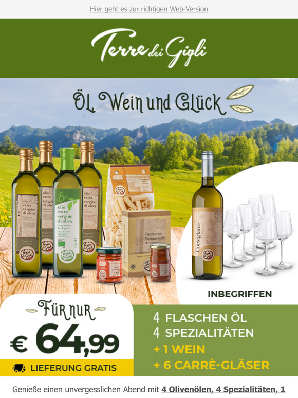 4 Flaschen Olivenöl, 4 Spezialitäten, 1 Wein und 6 Gläser – alles für nur € 64,99🎉