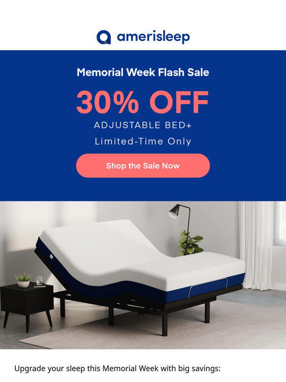Memorial Week: 💲600 Off Mattresses + 30% Off Adjustable Bed