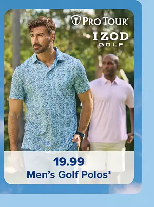Two men in golf shirts. 19.99 men's golf polos.