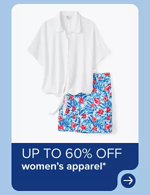 A women's top in white and a floral pair of shorts. Up to 60% off women's apparel.