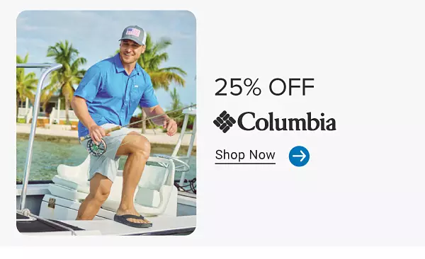 A man in a blue shirt and khaki shorts. 25% off Columbia. Shop now.
