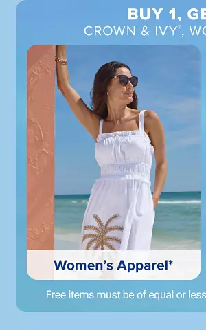 Buy one, get two free Crown and Ivy, Wonderly and more. Free items must be of equal or lesser value and from the same category. A woman in a white dress at the beach. Shop women's apparel.