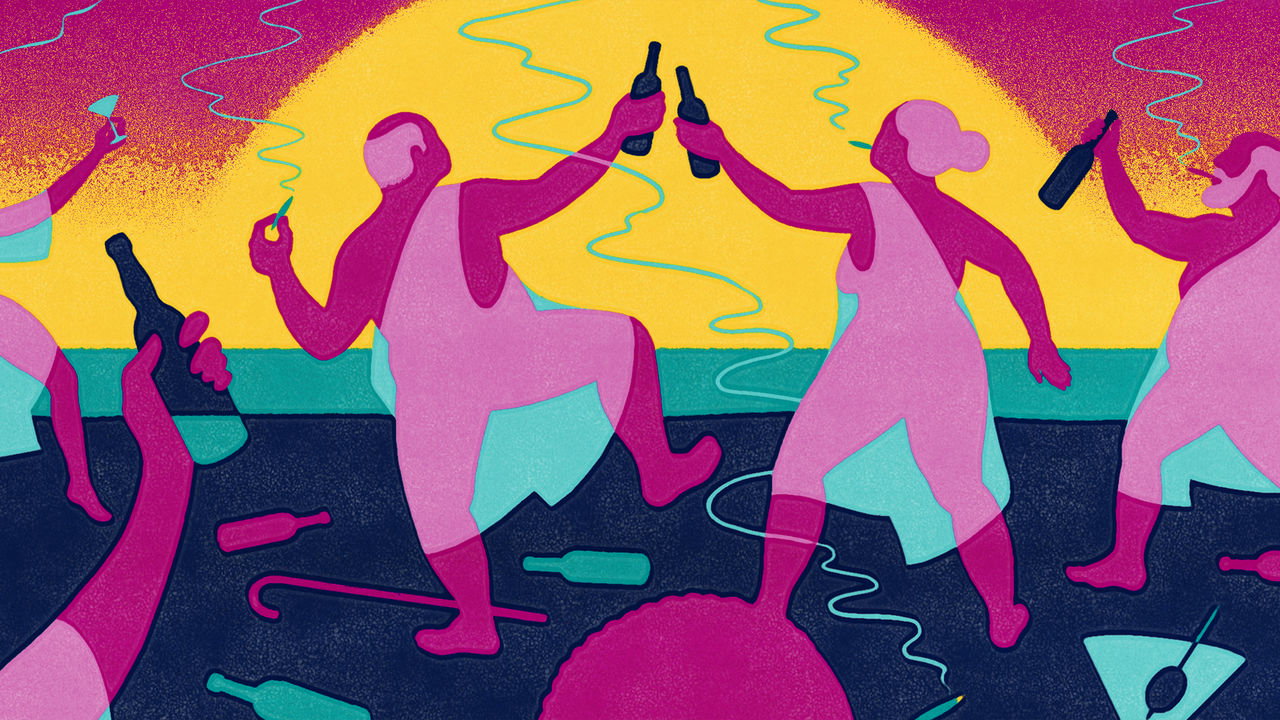 illustration of people dancing and celebrating under a colorful sunset, holding bottles and glasses, with scattered items like bottles and a cane on the ground.