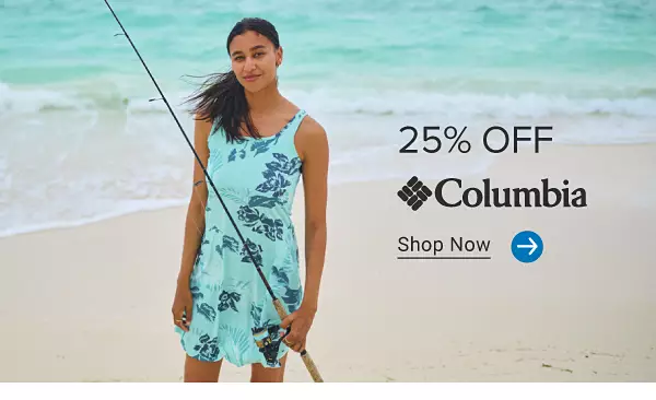 A woman in a floral dress. 25% off Columbia. Shop now.