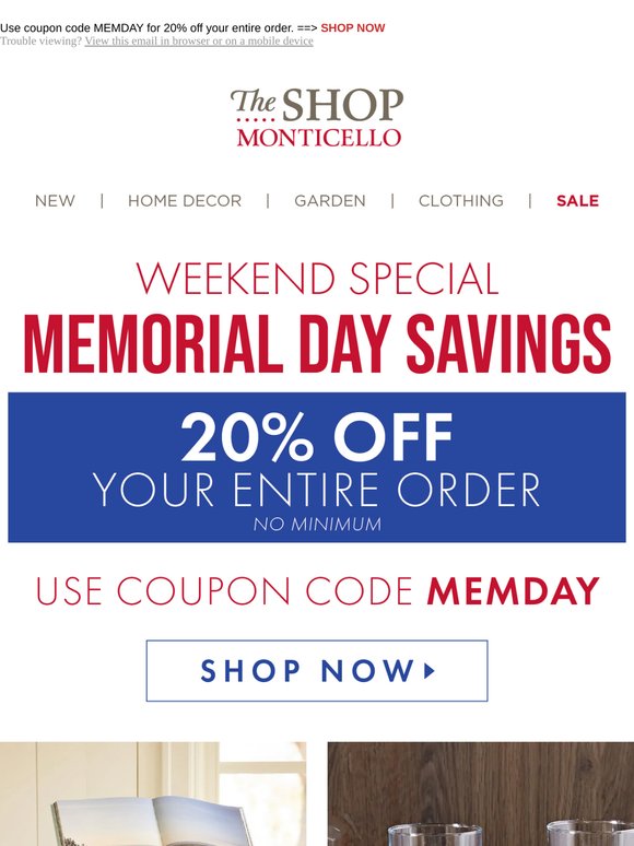 Memorial Day Savings | 20% off Entire Purchase (No Minimum)