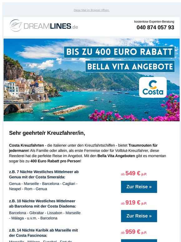 BELLA VITA: 400 Euro Rabatt auf jede Kreuzfahrt!