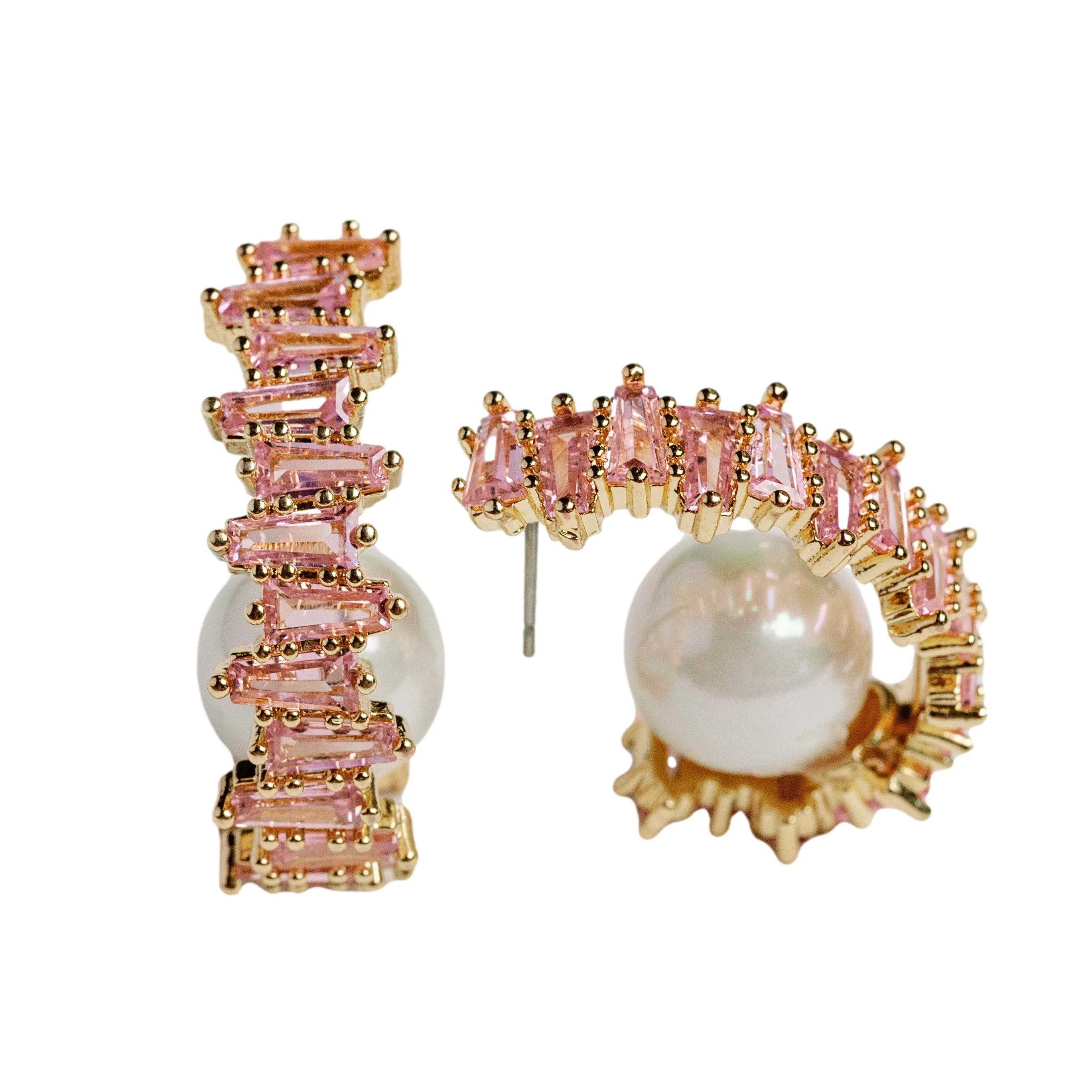 Image of Pink Rhinestone and Pearl Statement Hoop Earrings