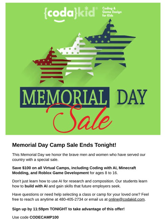 Ends tonight! Save $100 on AI, Roblox, and Minecraft Camps!