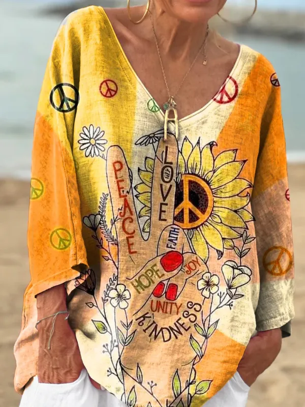 Image of Women's Hippie Peace Love Art Print Casual V-neck Long Sleeve Comfortable Cotton T-shirt