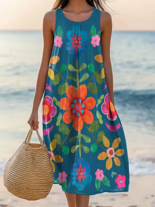 Image of Floral Cotton Simple Dress With No