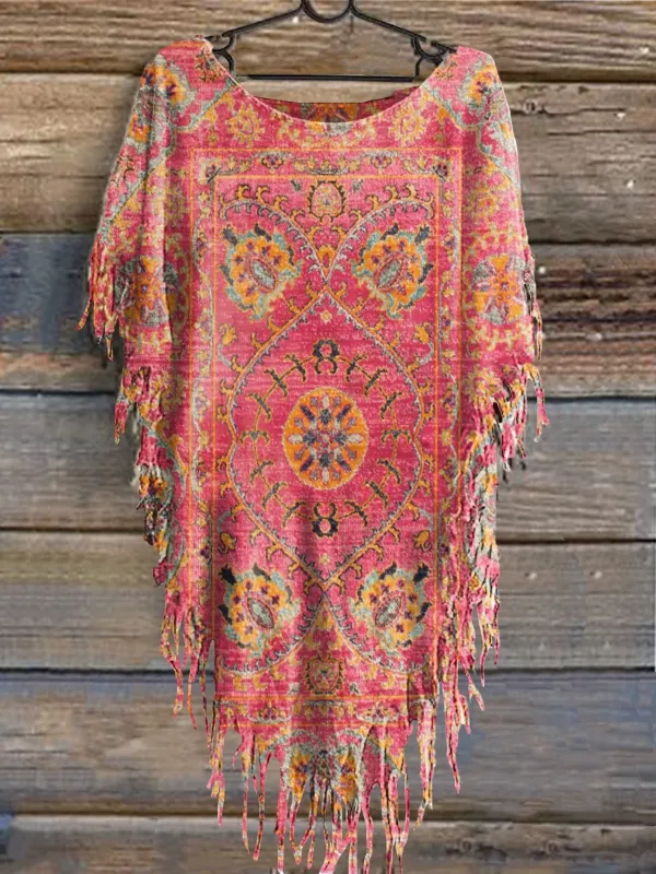 Image of Women's Vintage Floral Totem Print Punk Hippie Batwing Tussle Fringes Poncho T-Shirt
