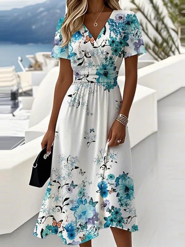 Image of Casual Gradient Pattern Regular Fit V Neck Dress With No