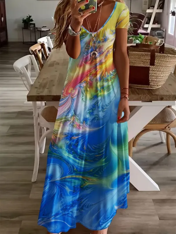 Image of Women's Abstract Print V-Neck Short Sleeve Casual Dress