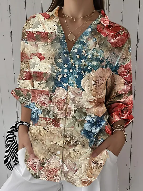 Image of Women's Independence Day Floral Print Casual Shirt