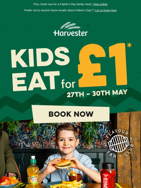 Big smiles, small prices - Kids Eat for £1 at Harvester 🍽