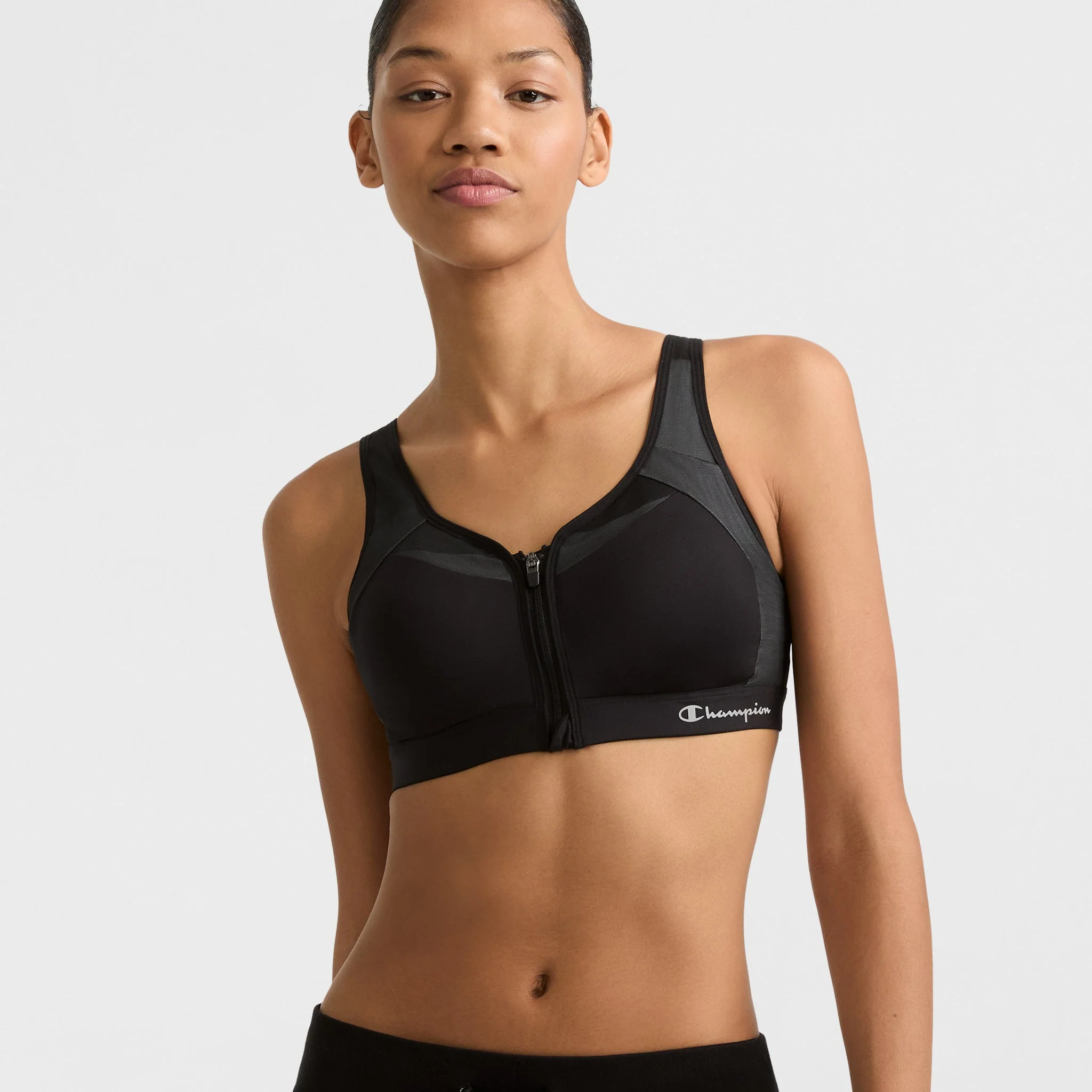 Image of Motion Control Zip Sports Bra, Wirefree, Script Logo