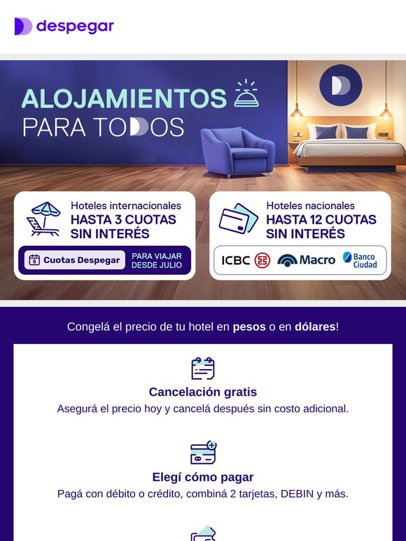 Reservá tu alojamiento con cancelación gratuita y en cuotas sin interés!🛋️