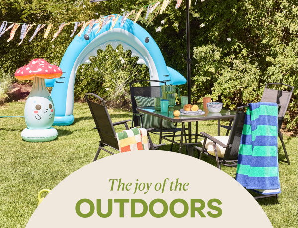 The joy of the outdoors. Garden features inflatable toys and outdoor seating.