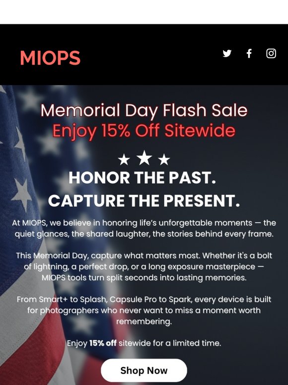 📸 Memorial Day Flash Sale – 15% Off Everything