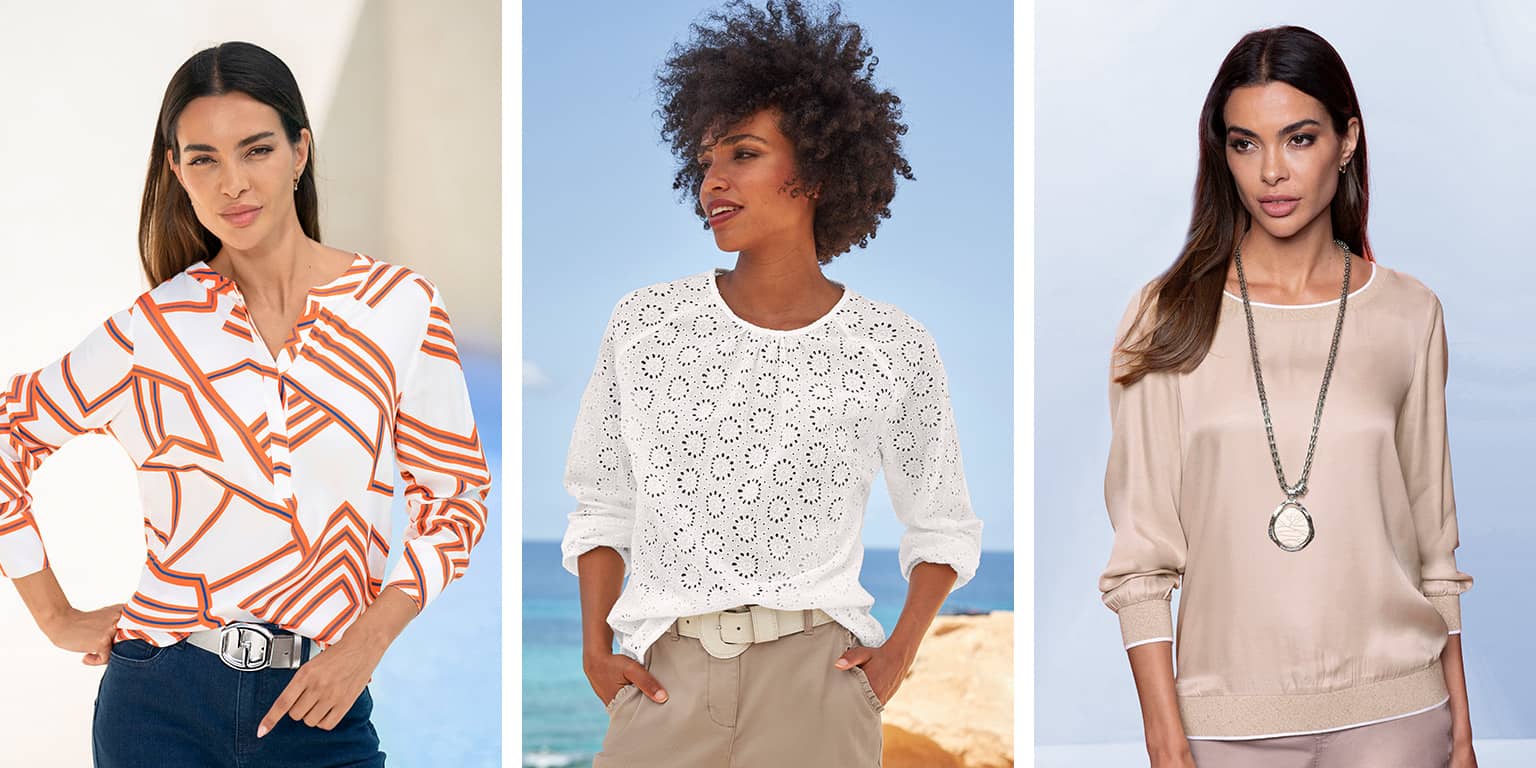 Drei Models tragen langärmlige Blusen: gemustert, weiß mit Lochmuster und beige.