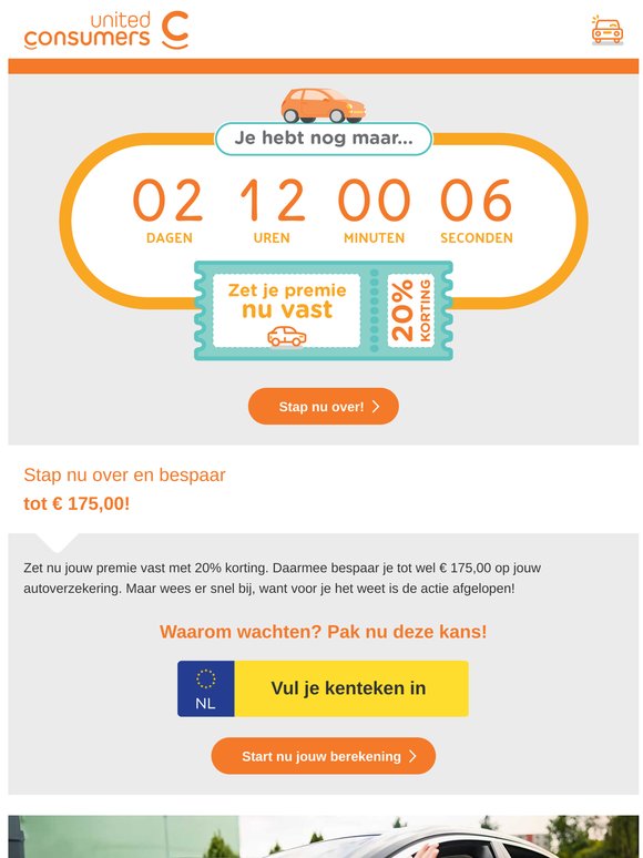 Zet jouw autopremie nu vast, krijg 20% korting en bespaar tot E 175,00! Je hebt nog maar 3 dagen