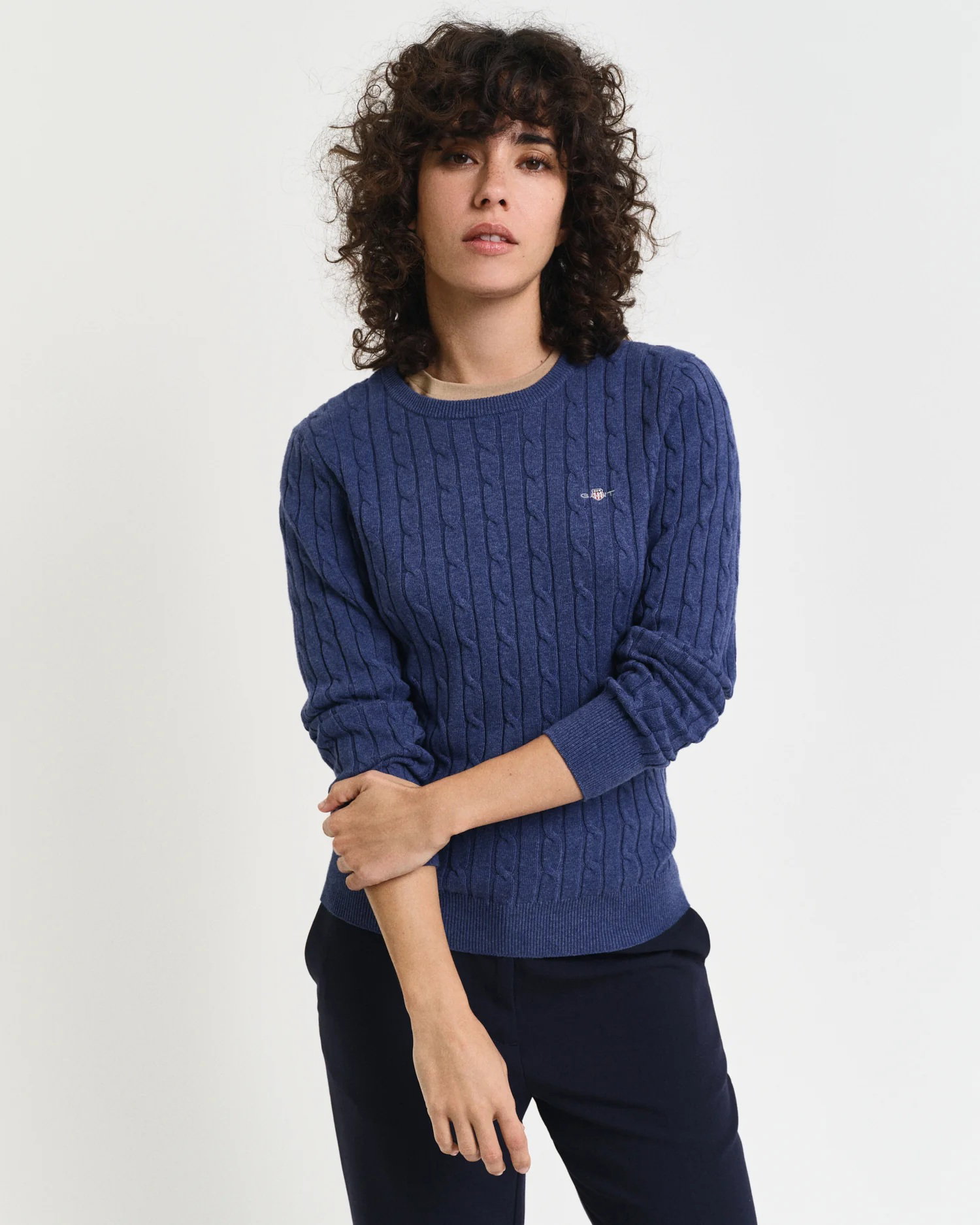 Stretch Cotton Cable Knit Crew Neck Sweater