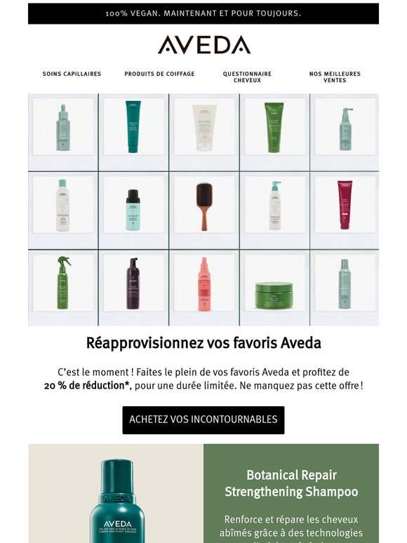 20 % de réduction, 100 % Aveda – exclusivement pour vous