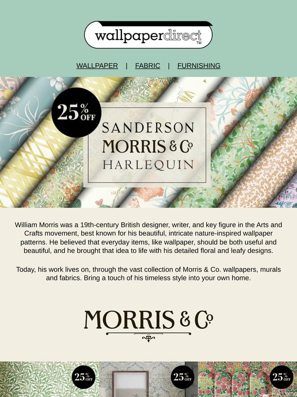 25% off Sanderson, Morris & Co. and Harlequin