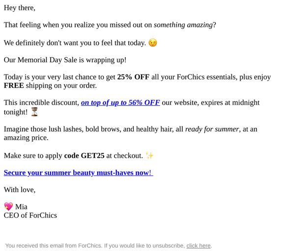Up to 56% + 25% OFF sale ends tonight, Chic!
