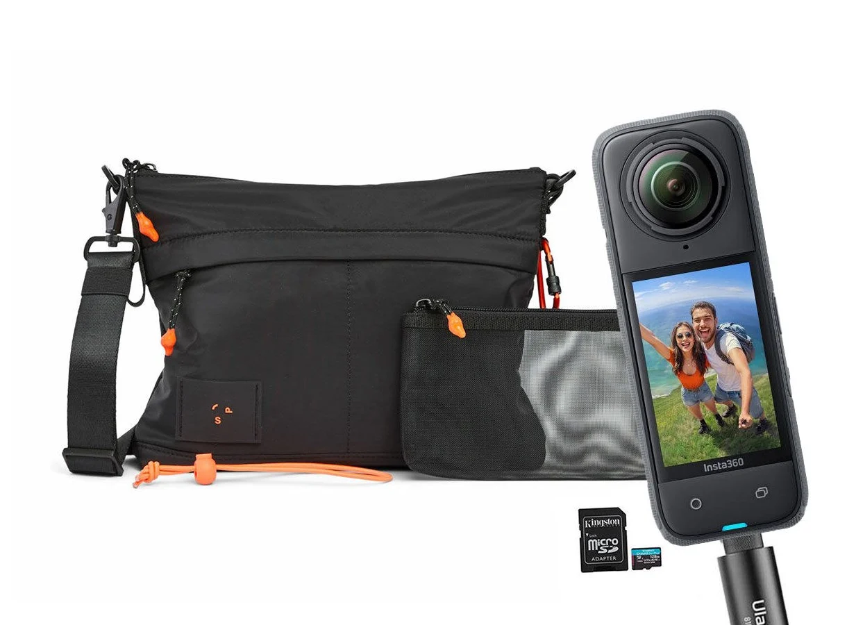 360 actionkamera, 8K - pakke med selfiestang, veske og 256 GB minnekort