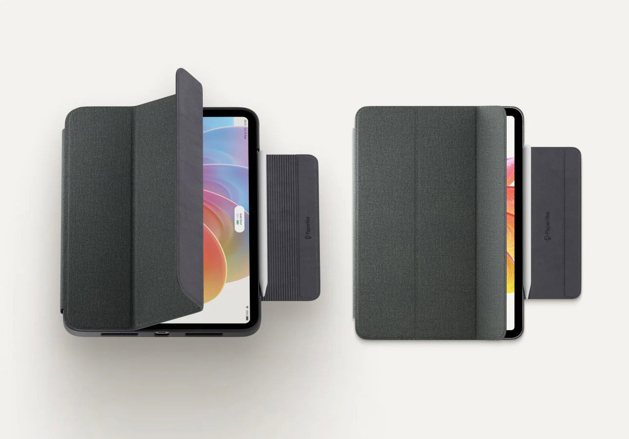 The two cases next to each other slightly opened, left is the Bumper Case, right is the Folio Case