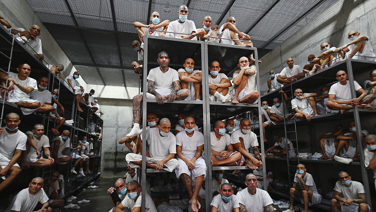 Inmates crowded in a cell at the Counter-Terrorism Confinement Centre (CECOT) mega-prison in El Salvador