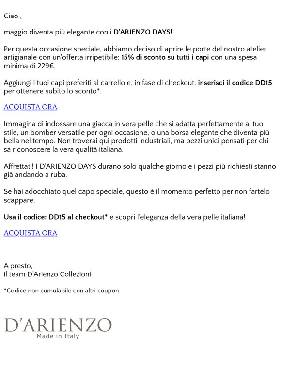 D'ARIENZO DAYS: -15% su tutto, solo per pochi giorni