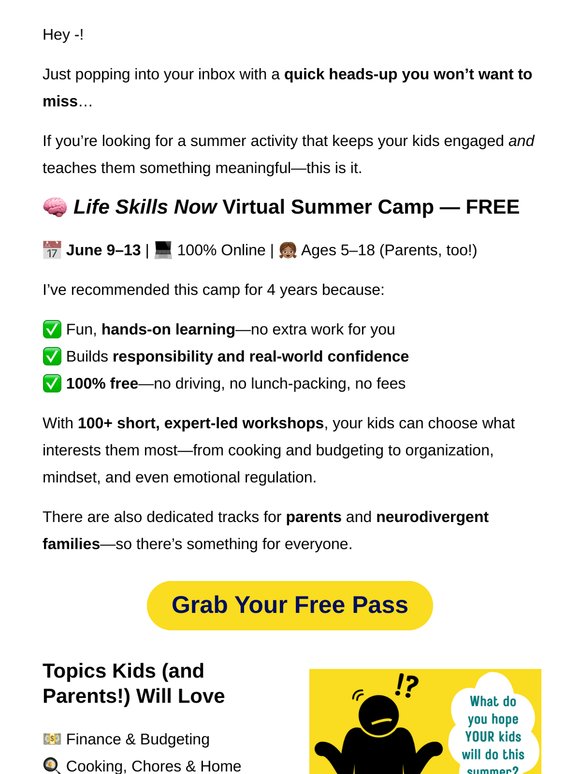 🧠 Life Skills Virtual Summer Camp is back! (June 9-13)