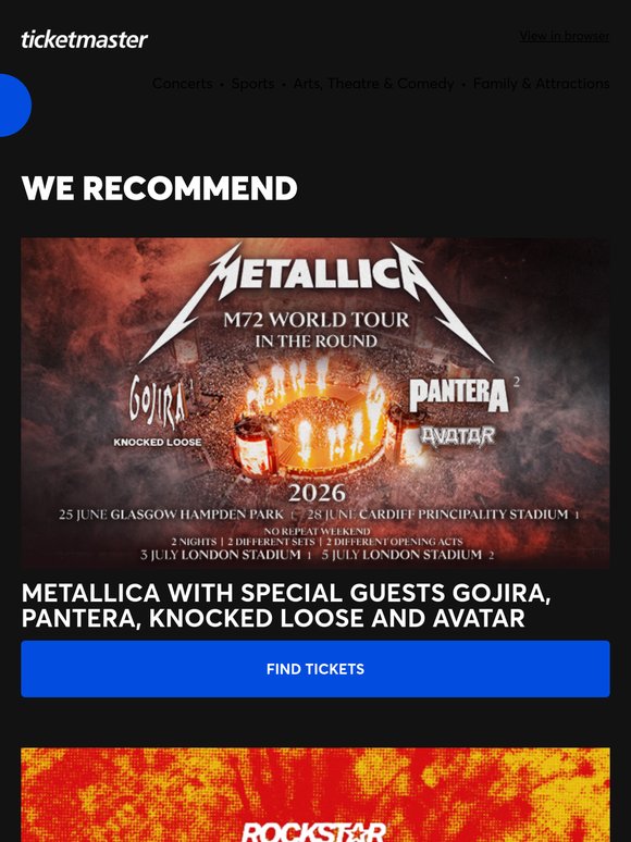 Metallica, R&L festival, Diamonds and Dust - On sale now plus many more!