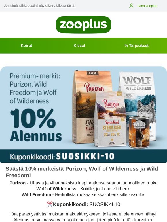 -10% merkeistä Purizon, Wolf of Wilderness ja Wild Freedom