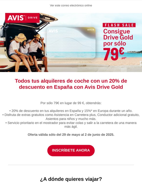 Oferta exclusiva por tiempo limitado: Avis Drive Gold sólo 79€
