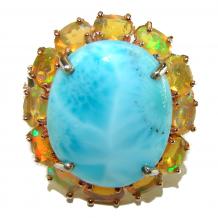 Precious authentic 14.5 carat Blue Larimar Ethiopian Opal  .925 Sterling Silver handmade ring size  8 1/4