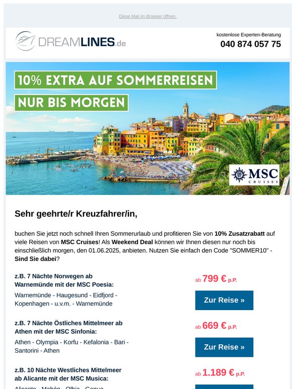 NUR NOCH BIS MORGEN: 10% Rabatt auf MSC Cruises