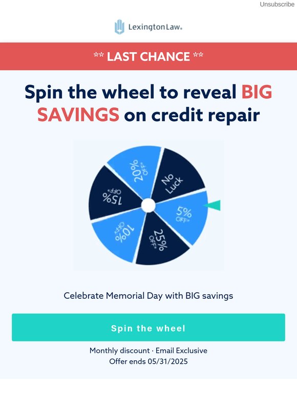Last Chance! Spin Now for Memorial Day Mystery Savings