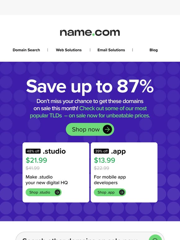 Don't miss out on 87% off select domains!